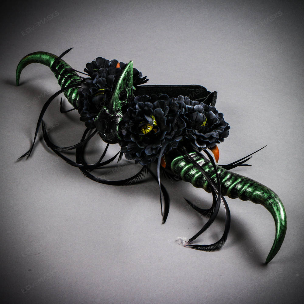 Gothic Demon Long Horn with Flower Head Piece - Black Green - Picture 4 of 6
